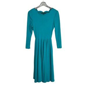 Vintage 90s Teal Long Sleeve Scalloped Neckline Midi Dress Small